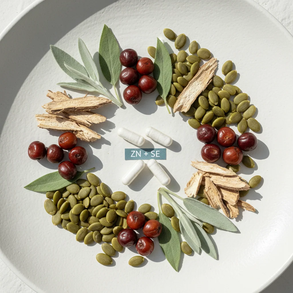 Pompoenzaden, saw palmetto bessen en brandnetelwortel naast supplement capsules op een witte ondergrond
